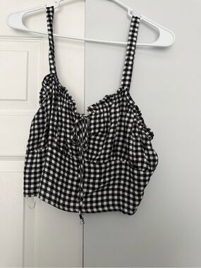 Pink Rose Black and White Gingham Tie-Front Cropped Cami